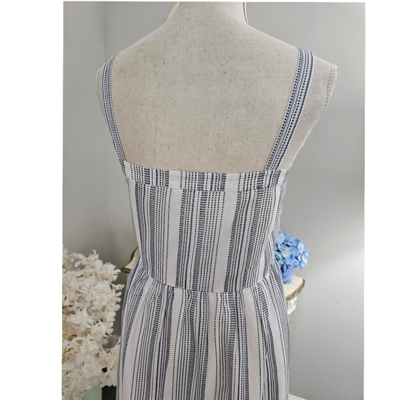 Girly Loft White Blue Striped Fit Waist Front Button Strapy Dress - Picture 5 of 8